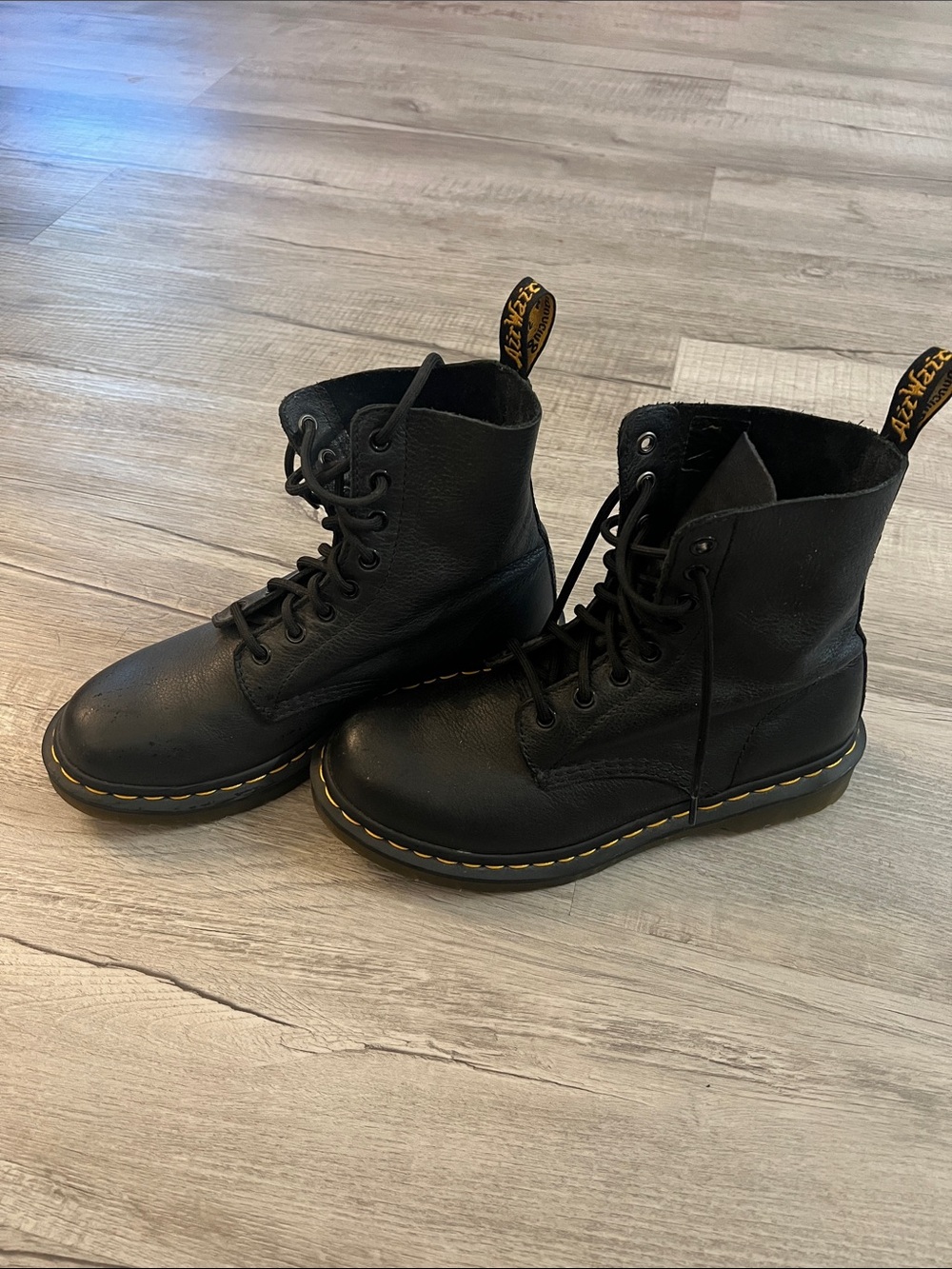 Dr. Martens Black Leather Lace-Up Boots with Yellow Stitching